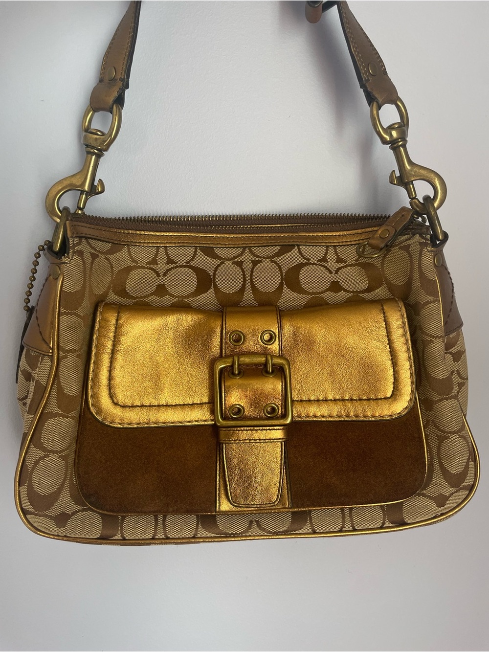 Coach Gold and Tan Signature Canvas Shoulder Bag
